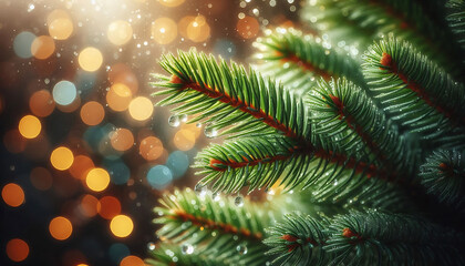 A pine tree branch with droplets of water showcasing vibrant green needles. The background features soft blurred bokeh lights in warm tones a festive atmosphere