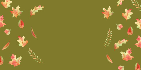Autumn watercolor banner. Hand drawn illustration with oak, maple, birch and willow leaves. Frame, background in warm colors