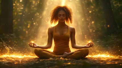 A serene woman meditating in a mystical forest with glowing orbs.
