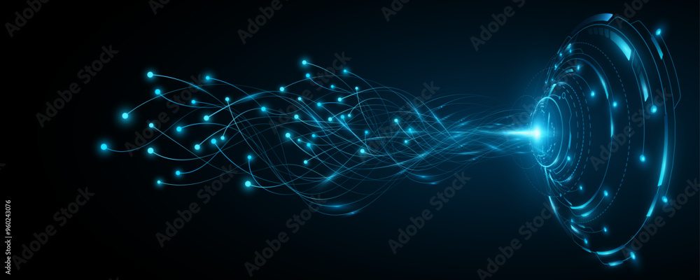 Poster digital hud circle with glowing neural connectors into cyberspace. neural network studies informatio