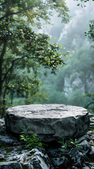 Obraz premium Stone podium on rock platform 3d illustration, product display stand on grey rock pedestal, green forest and blurred background, natural scenery landscape.