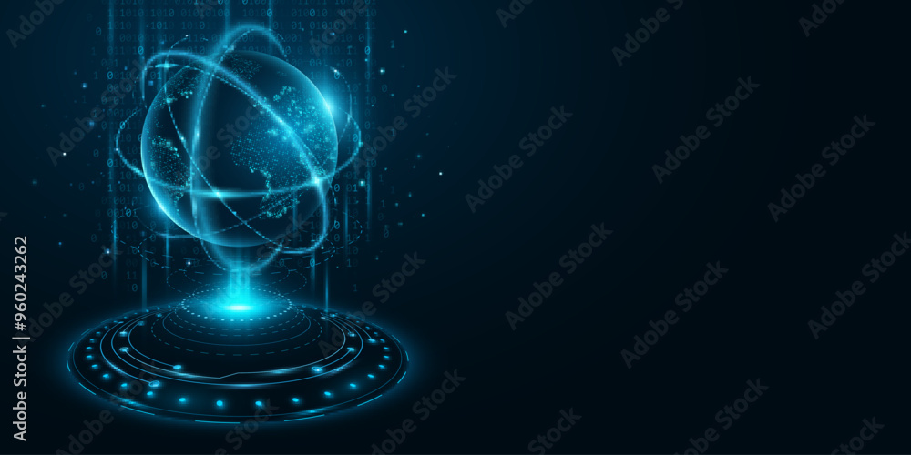 Poster Planet Earth hologram. Digital world map of glowing dots with HUD circles against the background of binary code. Global communication system. Big data into cyberspace. Vector illustration. EPS 10.