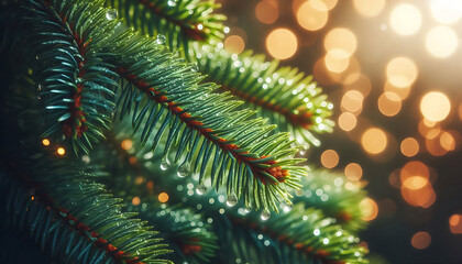 A pine tree branch with droplets of water showcasing vibrant green needles. The background features soft blurred bokeh lights in warm tones a festive atmosphere