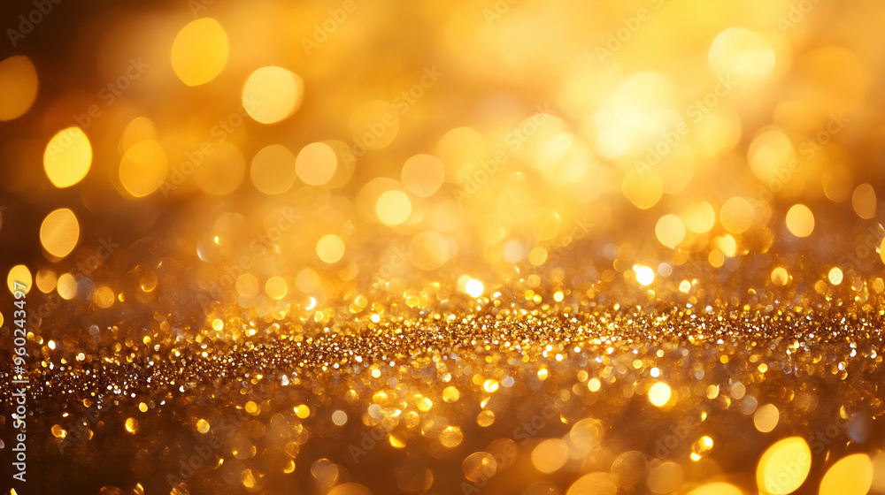 Poster a shimmering golden abstract background with sparkling bokeh effects.