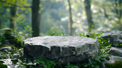 Obraz premium Stone podium on rock platform 3d illustration, product display stand on grey rock pedestal, green forest and blurred background, natural scenery landscape.
