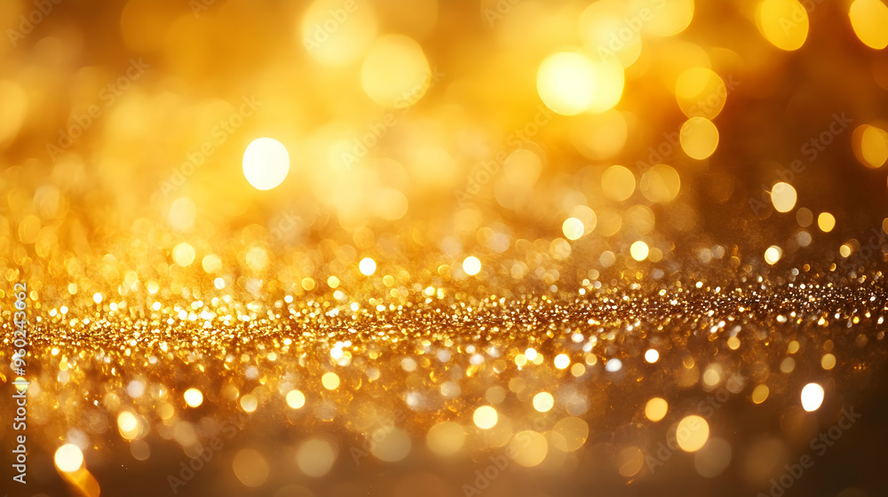 Poster a shimmering golden background with sparkling bokeh effects.