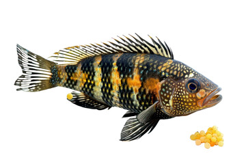 Naklejka premium Cichlid fish eating food on a white background