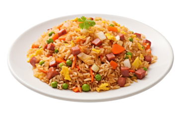 Chinese style fried rice Isolated components on a white background. Grain, vegetables, and meat are clearly shown