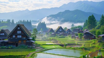 A view of Shirakawa-go rice paddies in early morning, with mist rising and the traditional houses in the background.