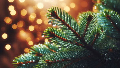 A pine tree branch with droplets of water showcasing vibrant green needles. The background features soft blurred bokeh lights in warm tones a festive atmosphere