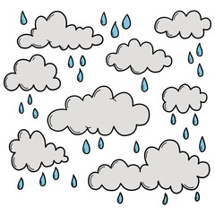 Hand drawn cartoon clouds and rain on white background.