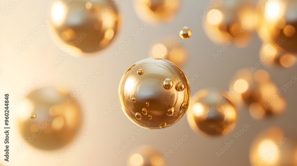 Poster floating golden spheres on soft gradient background for tech imagery
