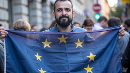 man holding a big flag of the European Union on a street, Europe flag, EU