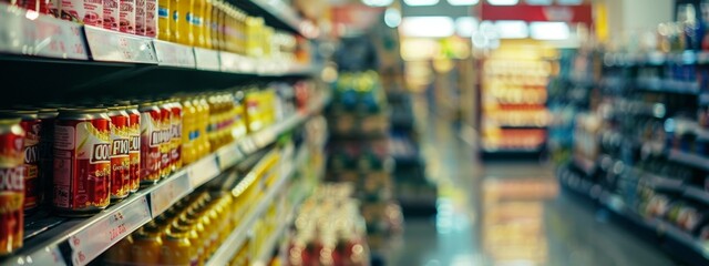 Fototapeta premium Supermarket beverage aisle with soda cans and juices