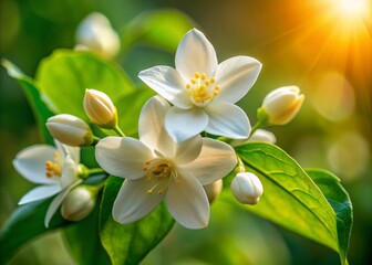 Fototapeta premium Beautiful white blossoms illuminated by sunlight, surrounded by lush green leaves, perfect for nature-themed projects and designs.
