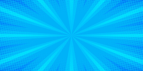 Modern blue comic background with sun burst and dot halftone. Cartoon funny retro pattern strip mock up. Vintage backdrop for comic superhero text, speech bubble, message.	