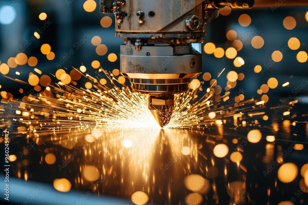 Poster close-up of a laser cutting machine in operation with sparks flying