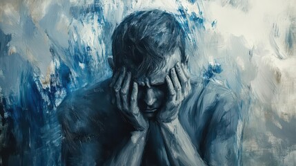 Obraz premium A vivid representation of inner turmoil, featuring a person in deep contemplation and distress, set against a dramatic blue background.