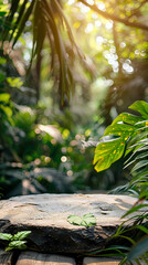 Stone podium on rock platform 3d illustration, product display stand on grey rock pedestal, green forest and blurred background, natural scenery landscape.