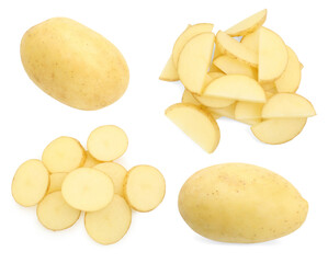 Fresh potatoes isolated on white, set. Different types of cuts and whole