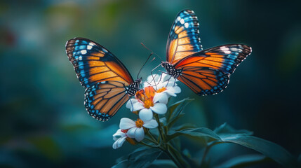 Obraz premium A pair of butterflies interacting on a blooming flower, their wings creating a beautiful contrast