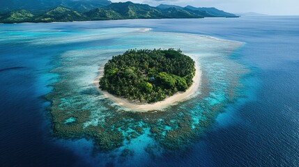 Aerial view of a coral reef surrounding one of the Mamanuca Islands.