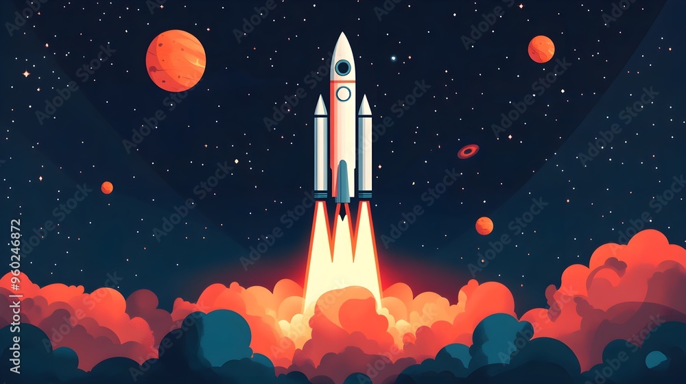 Wall mural flat design of a rocket launching into space with bold colors