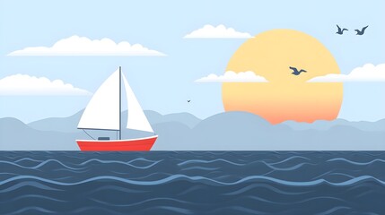 Naklejka premium A flat design of a sailboat on the ocean with a simple background