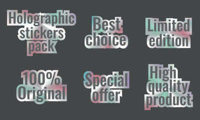 Obraz premium Set of holographic stickers with marketing words in rainbow colors gradient, and they have a metallic effect.