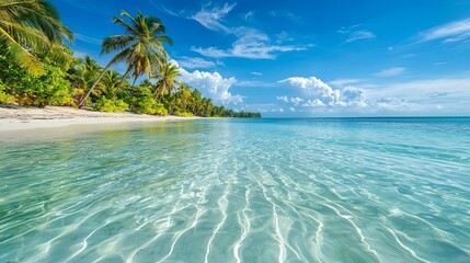 Fototapeta premium Breathtaking Tropical Paradise Beach with Crystal Clear Waters and Swaying Palm Trees