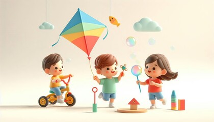 Three children playing outdoors with a kite, bubbles, and a toy bike.