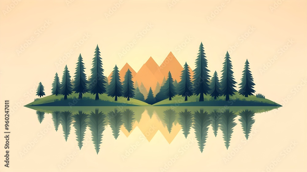 Wall mural a flat design of a forest with trees arranged symmetrically