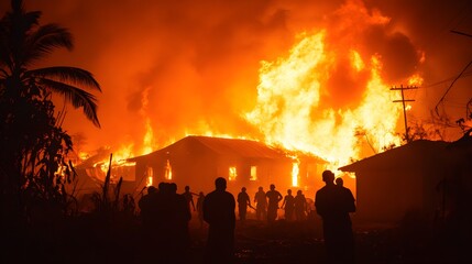 A small village on fire at night, bright flames consume a house, with desperate villagers forming a human chain to fight the blaze