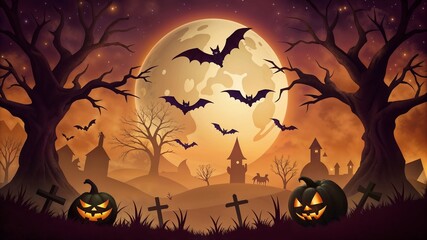 the cemetery in the forest with pumpkins, a full moon, bats and fog. Pumpkins In Graveyard In The Spooky Night, Halloween Backdrop.