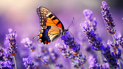 Obraz premium A butterfly on a lavender field, wings contrasting beautifully against the purple flowers