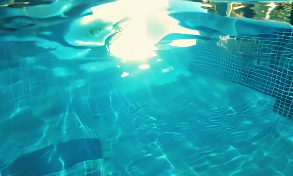 The clear green water of the swimming pool sparkles from the reflection of the sunlight