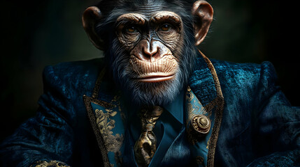 A sophisticated ape dressed in an ornate suit.