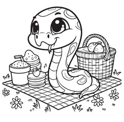 Snake in the picnic kid coloring page book design 