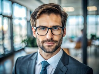 Portrait of mature bearded man wearing glasses in office