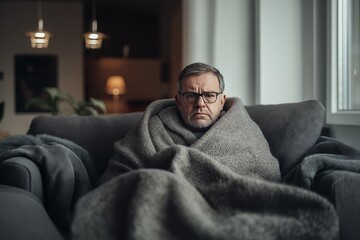 Man wrapped in a blanket, feeling under the weather, suffering from flu or cold symptoms, sitting on a couch.

