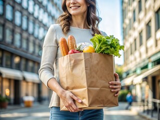 Young woman holding paper bag with fresh vegetables and bread or baguette on a street