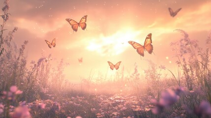 Butterflies in flight across a beautiful, ethereal landscape, with soft colors and gentle light contributing to a magical