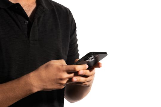 man using smartphone with transparent background, human holding mobile phone for playing, texting or scrolling