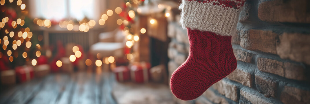 A red knitted Christmas stocking hangs by a stone fireplace, with glowing Christmas tree lights in the background. The cozy holiday setting evokes warmth and festivity.