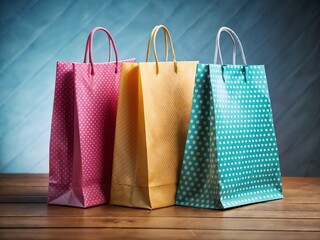 Colourful paper shopping bags isolated on wooden table and blue background