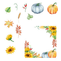 Watercolor autumn frame with pumpkins and fall leaves