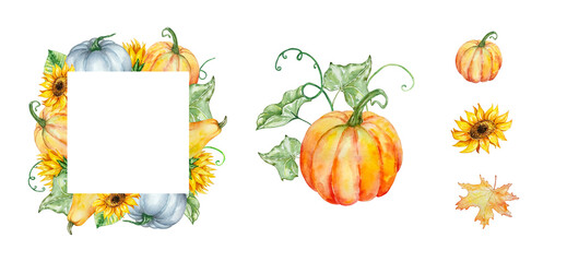 Watercolor autumn frames set with pumpkins and fall leaves