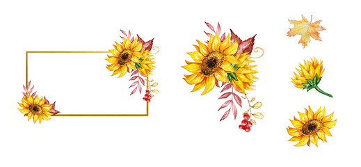 Watercolor autumn gold frames set with sunflowers and fall leaves