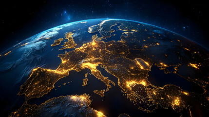 A stunning view of Europe illuminated at night from space.