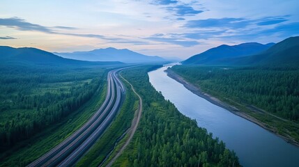 Aerial view of the Trans-Siberian Railway cutting through the vast Russian landscape.